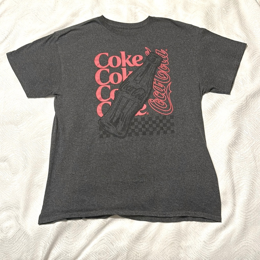 Coke, large logo in the front center,, gray red T-shirt